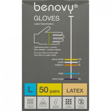 Мед.смотров. перчатки латекс., нестер., с пудрой, Benovy (L) 50 пар/уп
