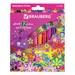Фломастеры BRAUBERG "Blooming flowers", 12 цветов, вентилируемый колпачок, картонная упаковка с фольгой, 150560