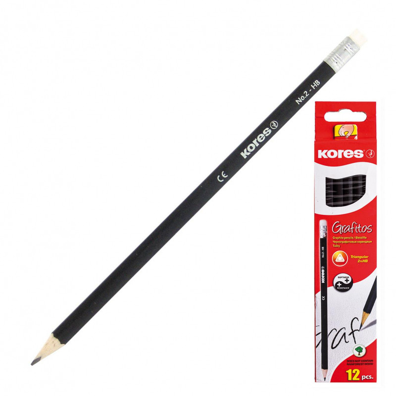 Карандаш чернографитный Kores трехгранный HB с ластиком Карандаш чернографитный Kores трехгранный HB с ластиком