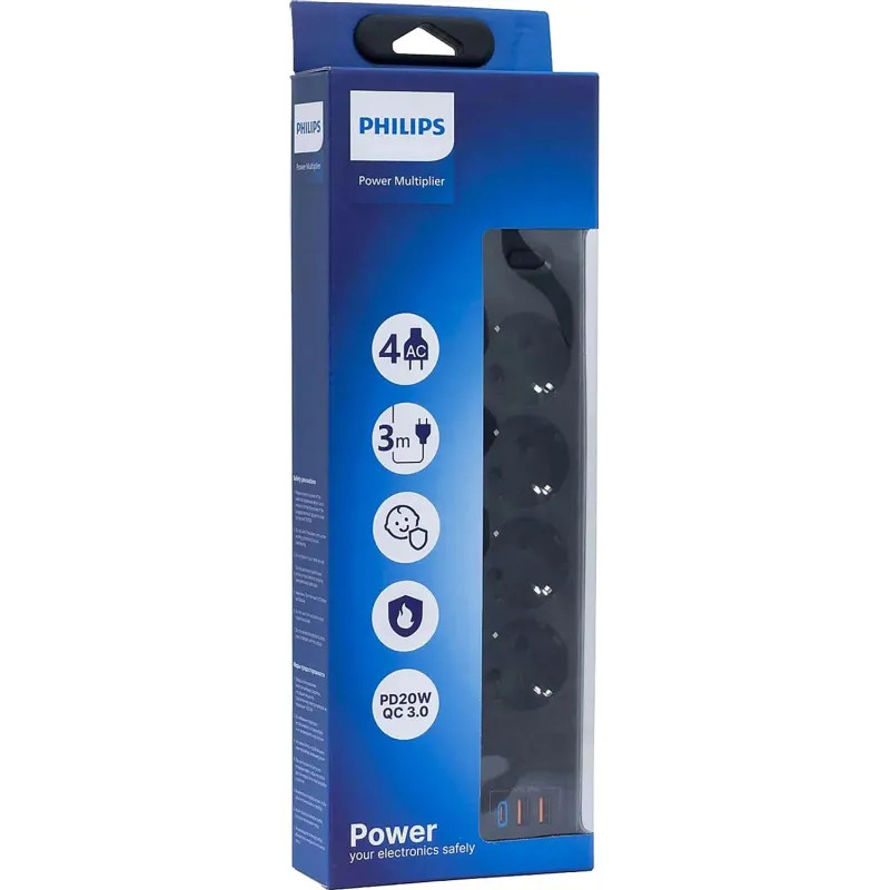 Сетевой фильтр Philips CHP4346BB/51 4р/3м с USB, 10А, черный
