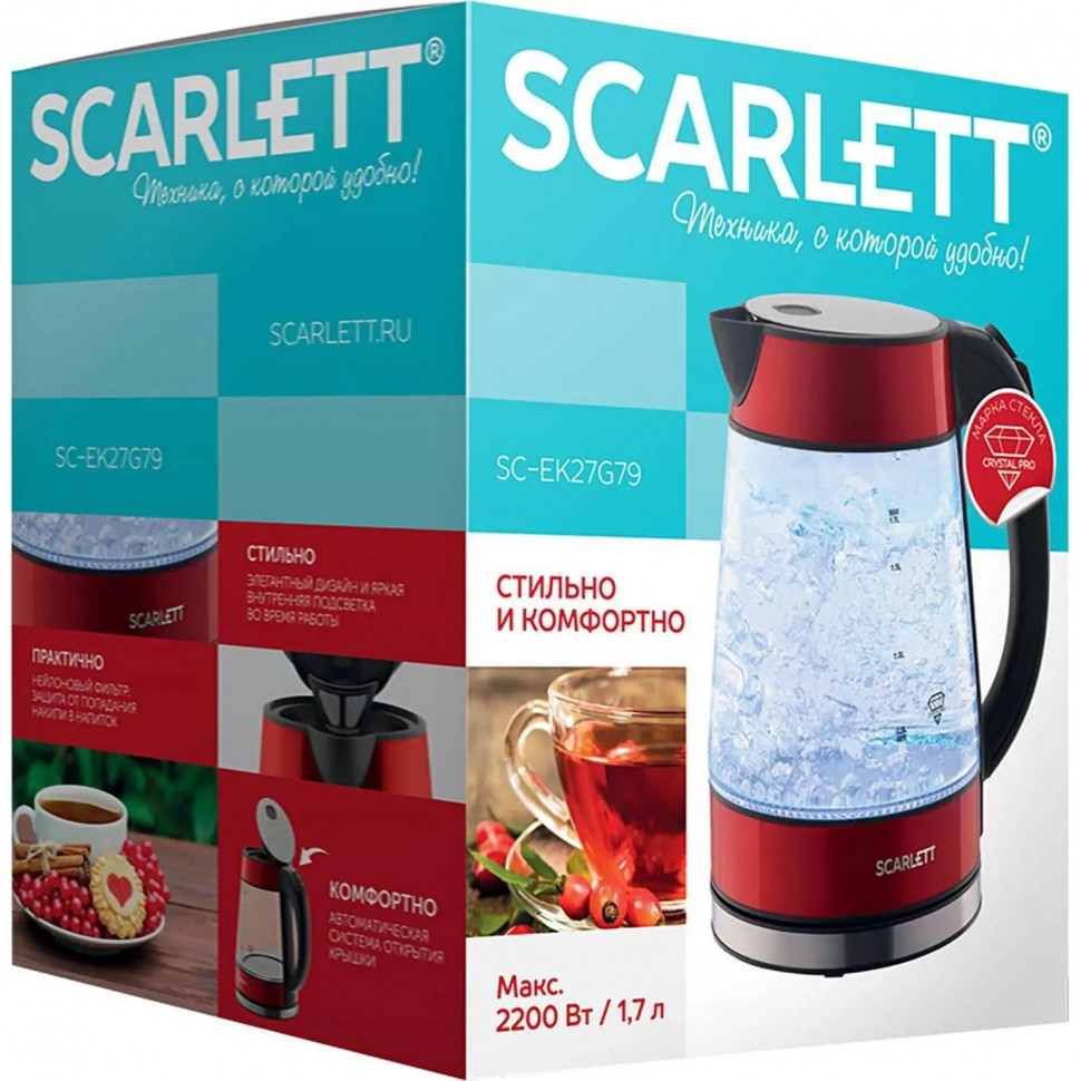 Чайник электрический SCARLETT SC-EK27G79, стекло, 2200Вт, 1.7л, красный