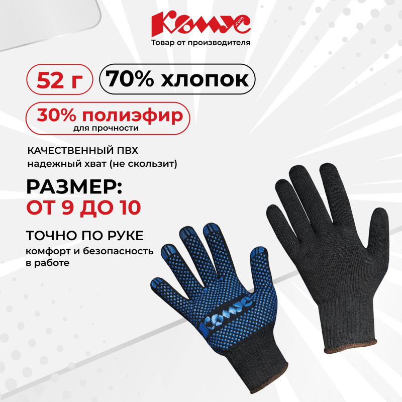 Перчатки защитные трикотажн КОМУС ПВХ Точка 5нит52г10кл черн р.10 (5пар/уп)