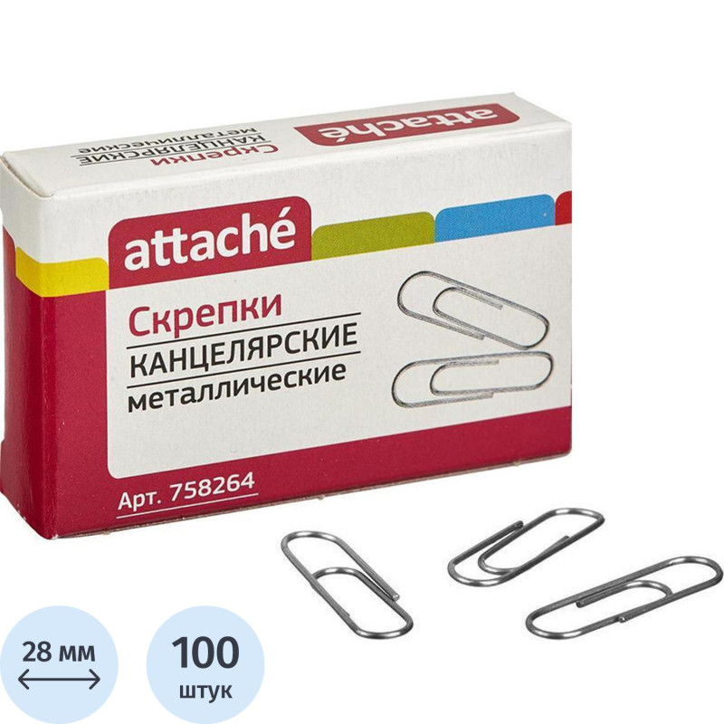 Скрепки Attache  металлические без. покрытия,28 мм, негофрирован.,100шт/уп