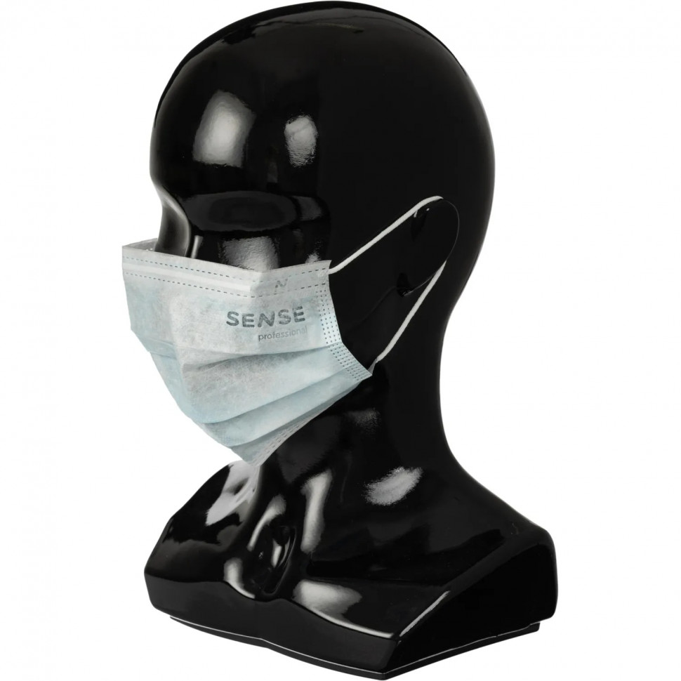 Маска медицинская 3-х сл., мельтб, резинки, голубая Sense, картон 50шт/уп