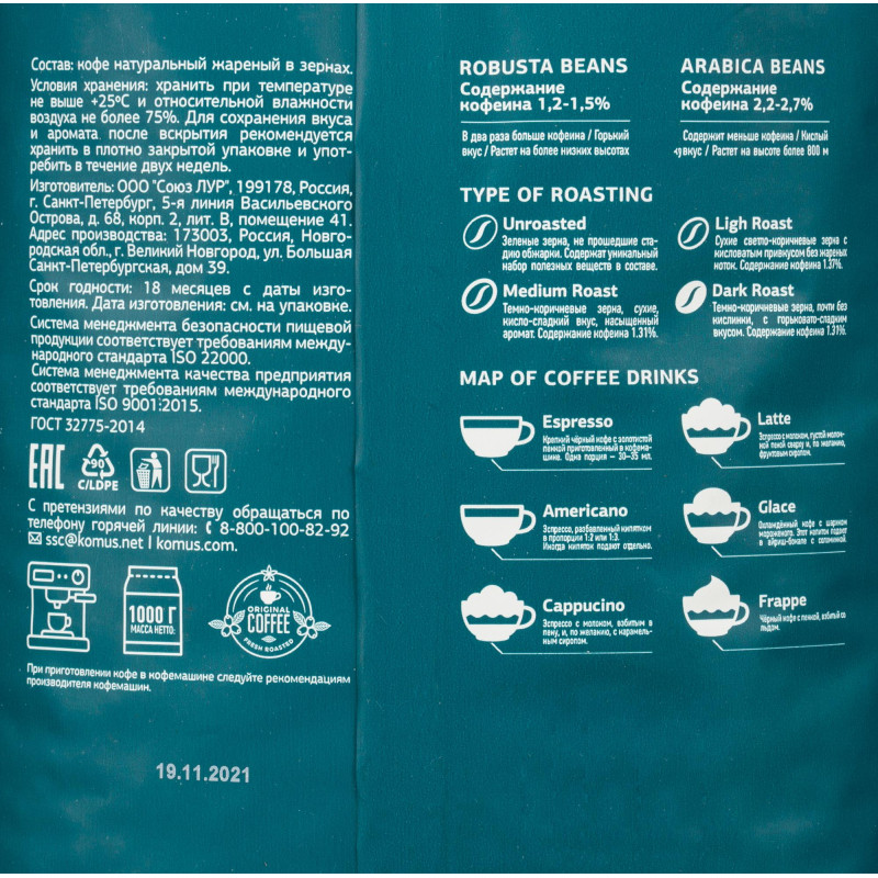 Кофе натуральный жареный в зернах Деловой Стандарт Crema Milanese, 1кг