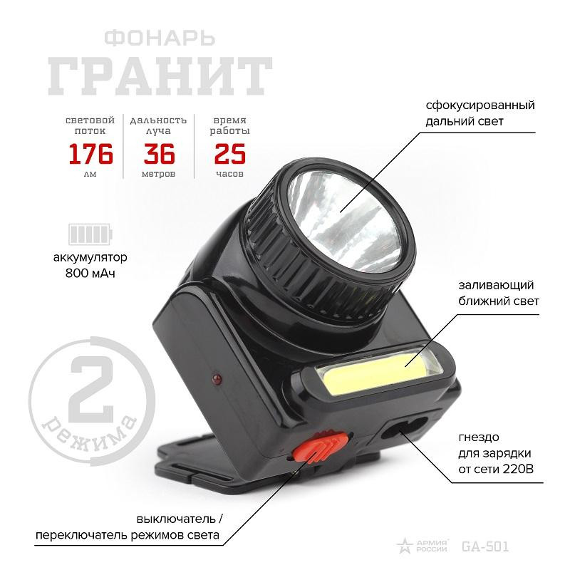 Фонарь налобный АРМИЯ РОССИИ GA-501 Гранит(3Вт COB+3Вт LED,аккум)(Б0030185)