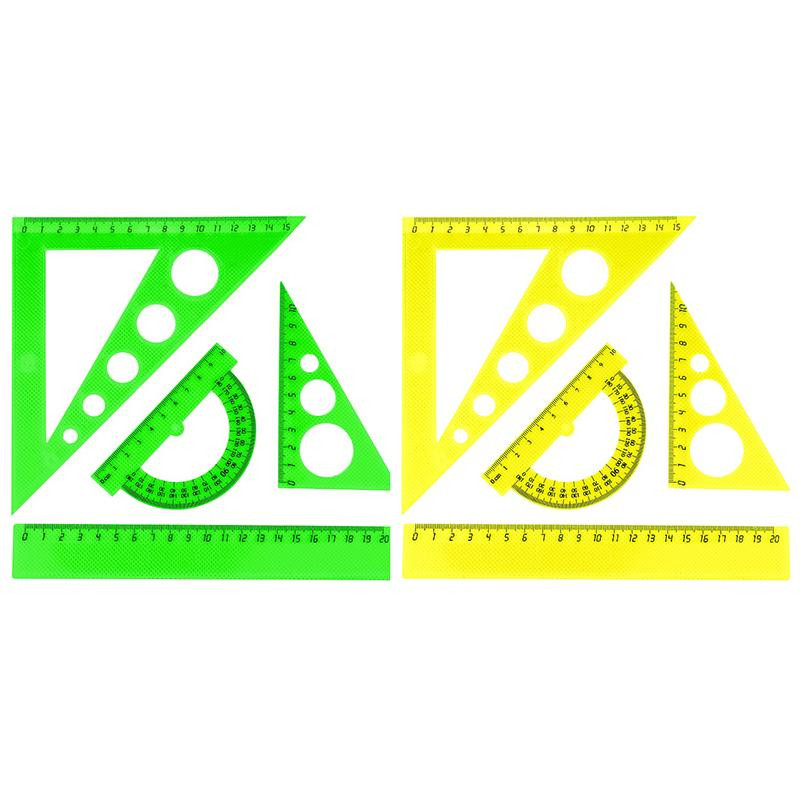 Набор средний: линейка 20см, угольники 16см и 10см, трансп-р 10см,цветасс.