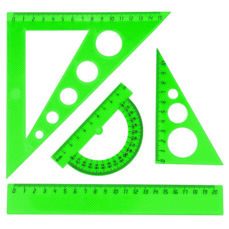 Набор средний: линейка 20см, угольники 16см и 10см, трансп-р 10см,цветасс.