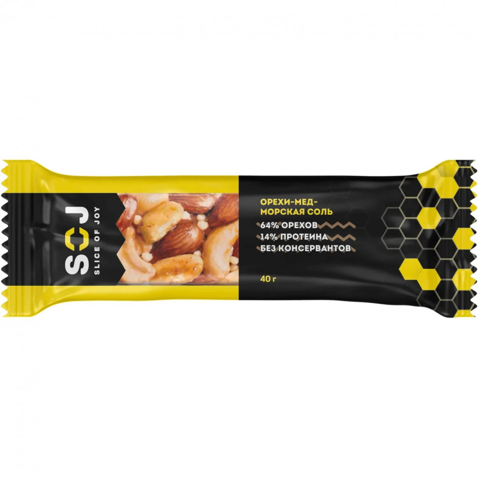 Батончик SOJ ореховый с медом орехи -мед-морская соль 40г 20шт/уп