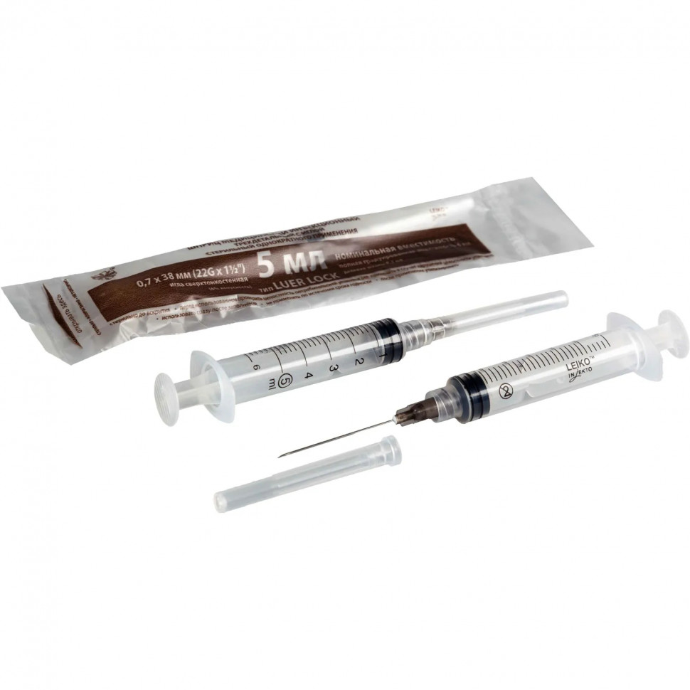 Шприц 3-комп. однораз. 5мл LL 22G(0,7х38) над. 100шт/уп LEIKO