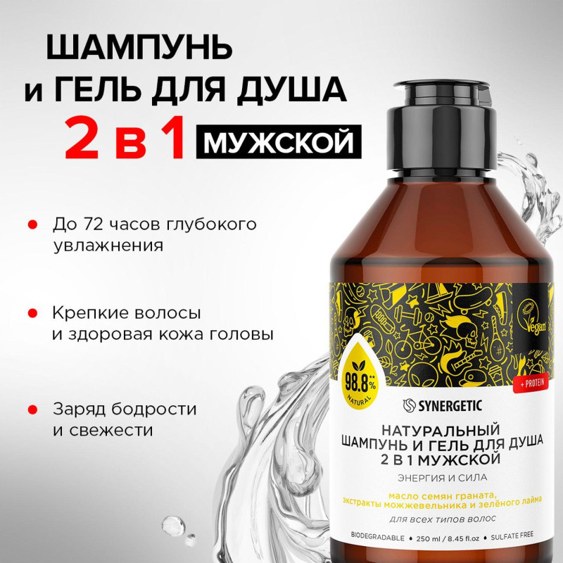 Шампунь и гель для душа SYNERGETIC 2в1 для мужчин 250мл