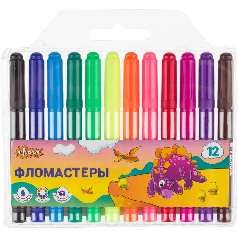 Фломастеры №1SchoolV Дино 12цв. утолщен. ,вентилир.,смыв., блист. упак