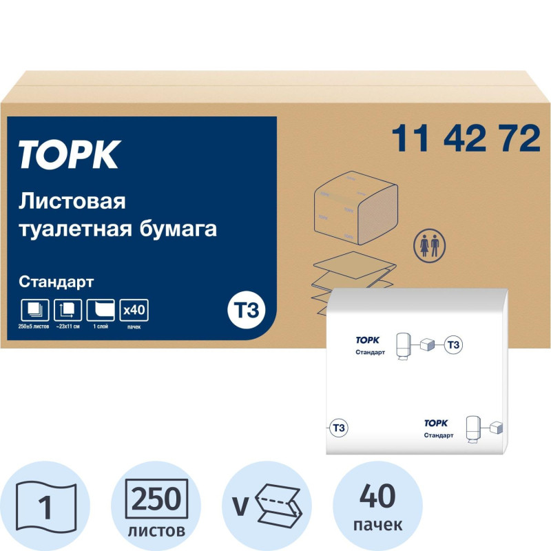 Бумага туалетная листовая д/дисп Торк ТЗ 1сл. 250л 40 пач/уп 114272