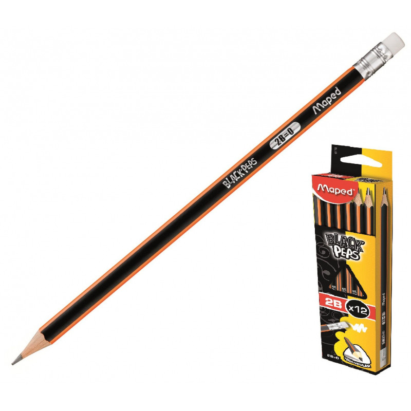 Карандаш чернографитный Maped BLACK PEP&#039;S 2B,дерево,трехгран,ластик,851722