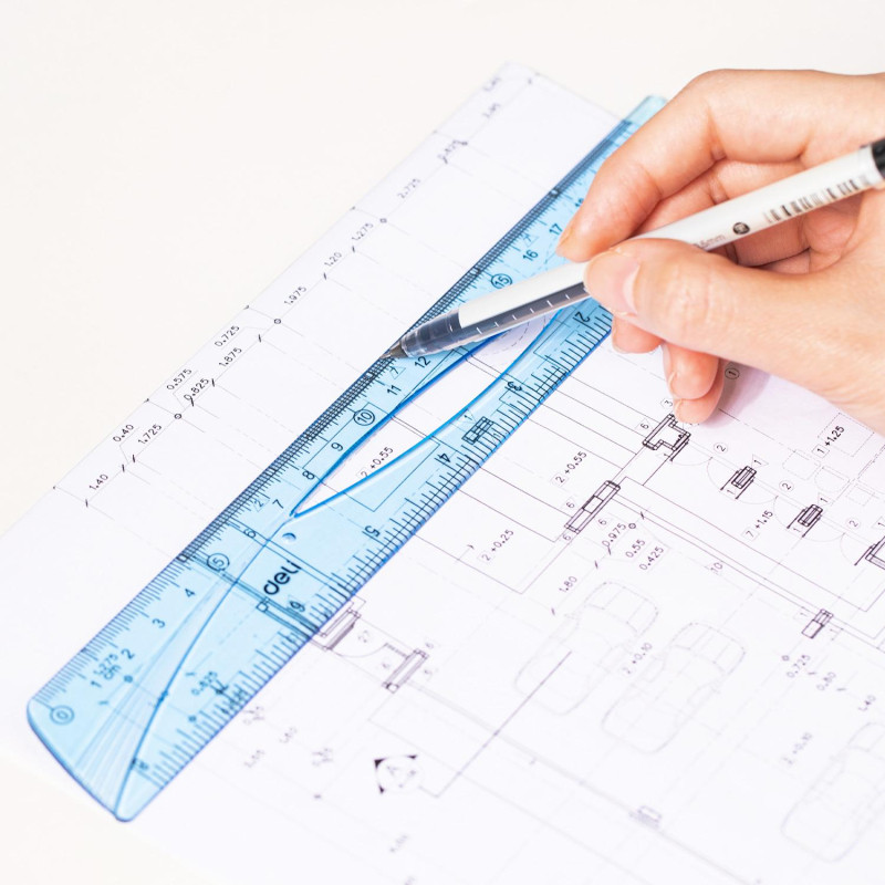 Набор чертежный Deli EH12 средний:лин 20см,угольн 13 и9см,трансп 12см,голуб