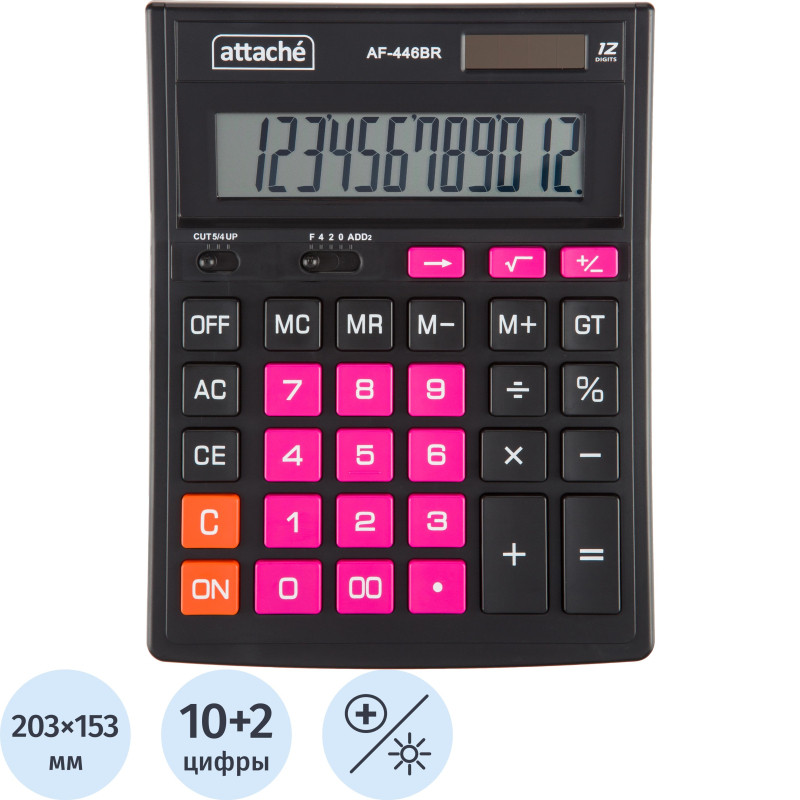 Калькулятор настольный ПОЛНОРАЗМ Attache AF-446BR,12р,дв.п,ч/роз,203x153x48