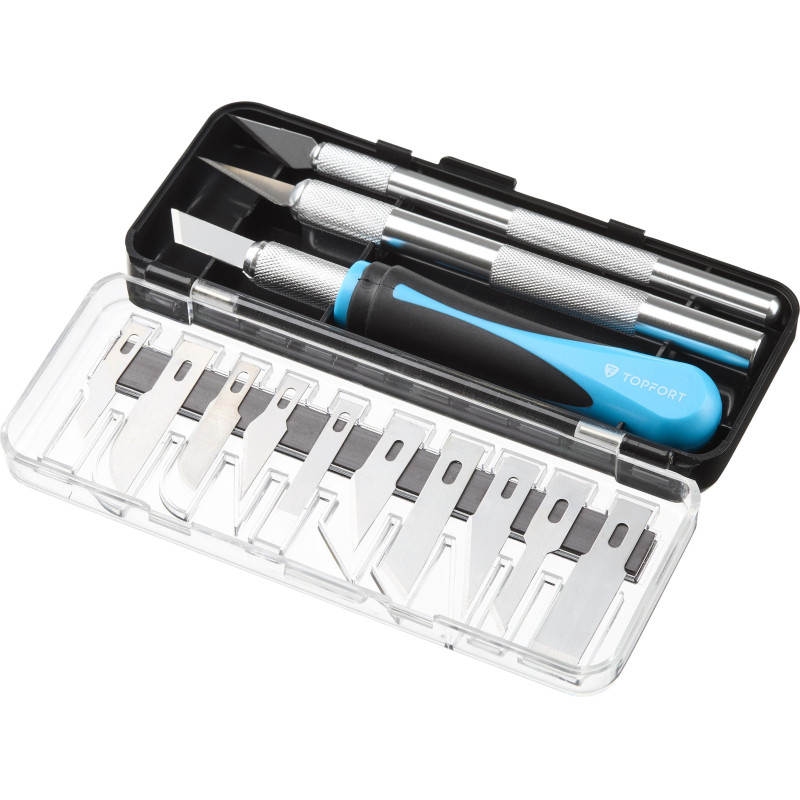 Нож макетный TOPFORT Набор 16поз:нож 3шт,10 лезв.разн.тип,пласт.бокс