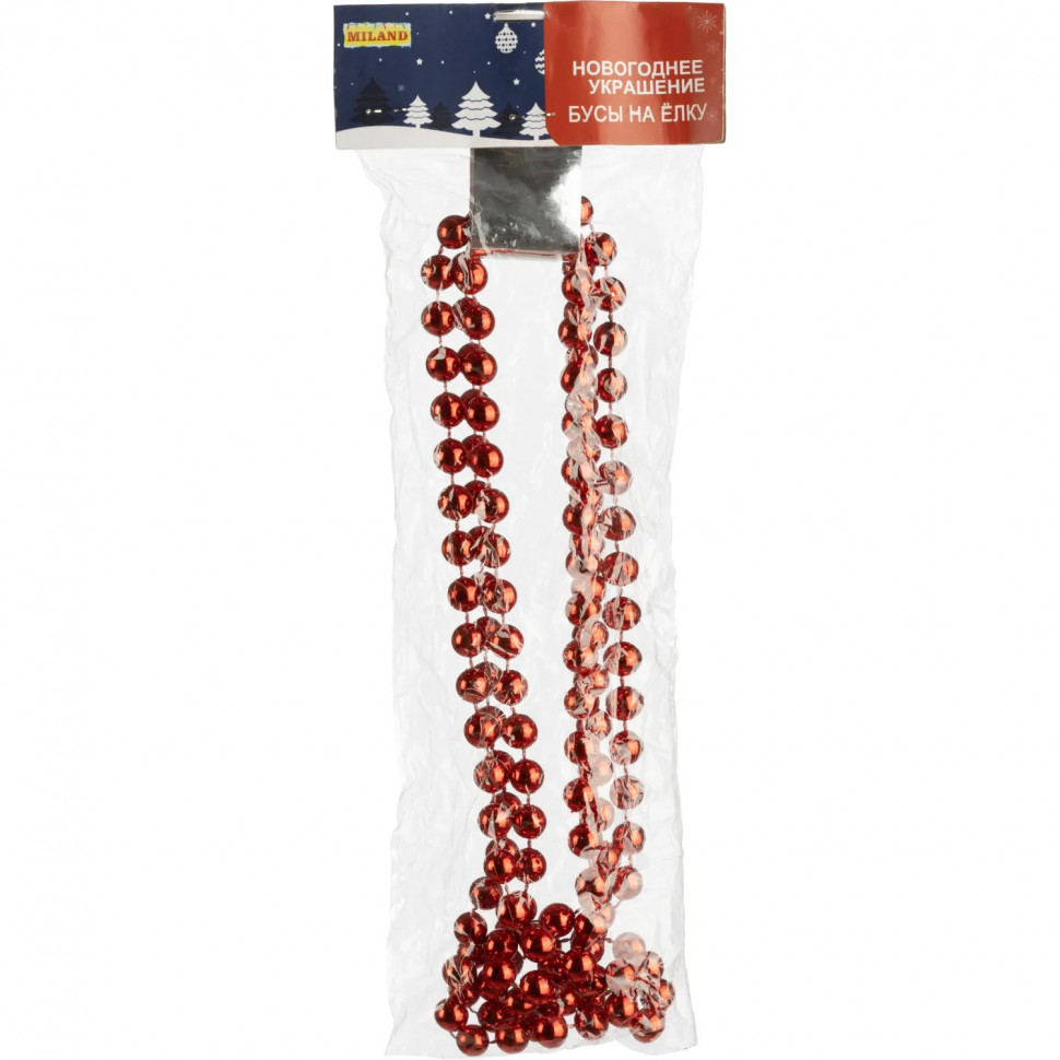 Бусы новогодние на елку Яркий праздник,  d 1 см, длина 1,8 м, красн НУ-0052