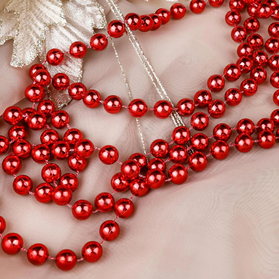 Бусы новогодние на елку Яркий праздник,  d 1 см, длина 1,8 м, красн НУ-0052