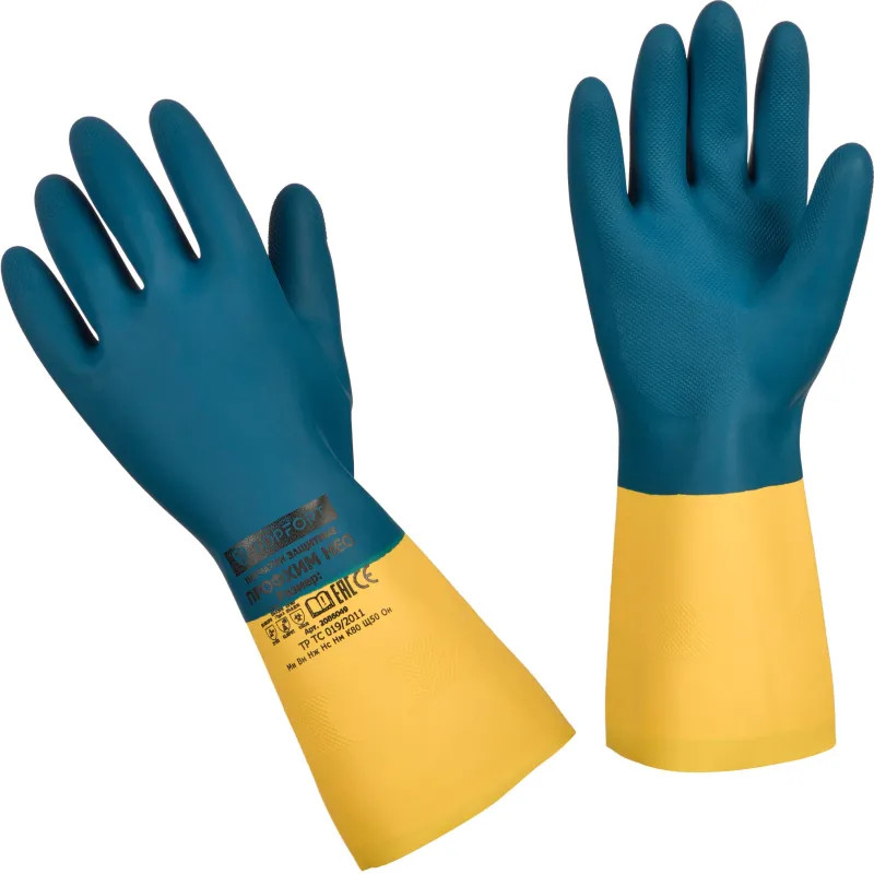 Перчатки КЩС латекс/неопрен TopFort Профхим Нео К80 Щ50 цв.желт/син р.9