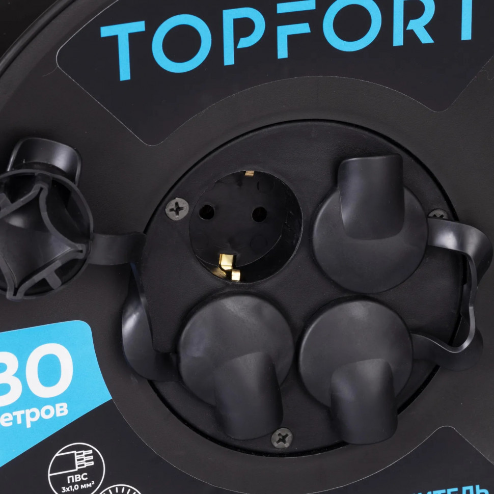 Удлинитель Topfort ПВС 3х1кв.мм, 30м на пласт.катушке, 4 роз. с/з, IP44