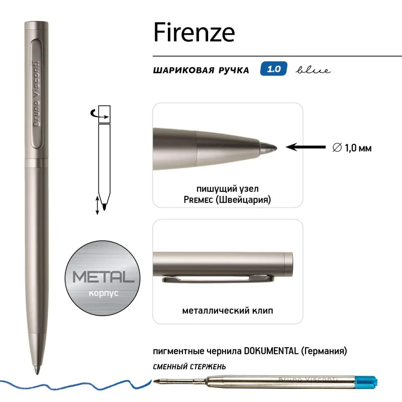 Ручка шариковая BV FIRENZE 1мм син кор шамп,тубус прямоуг черн 20-0303/03