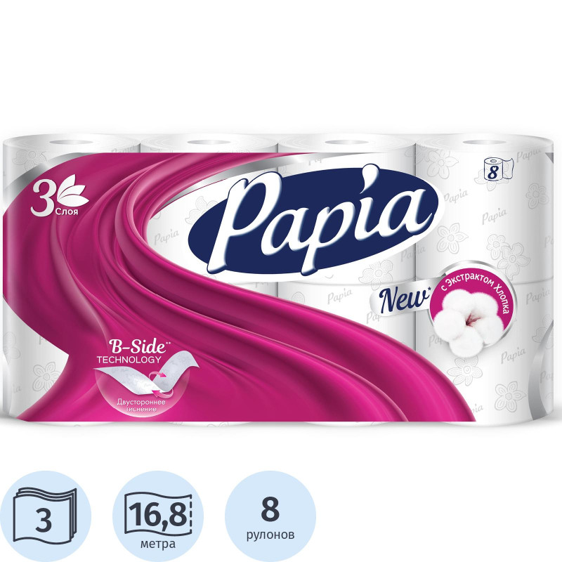 Бумага туалетная Papia Белая 3сл бел 100%цел втул 16,8м 140л 8рул/уп