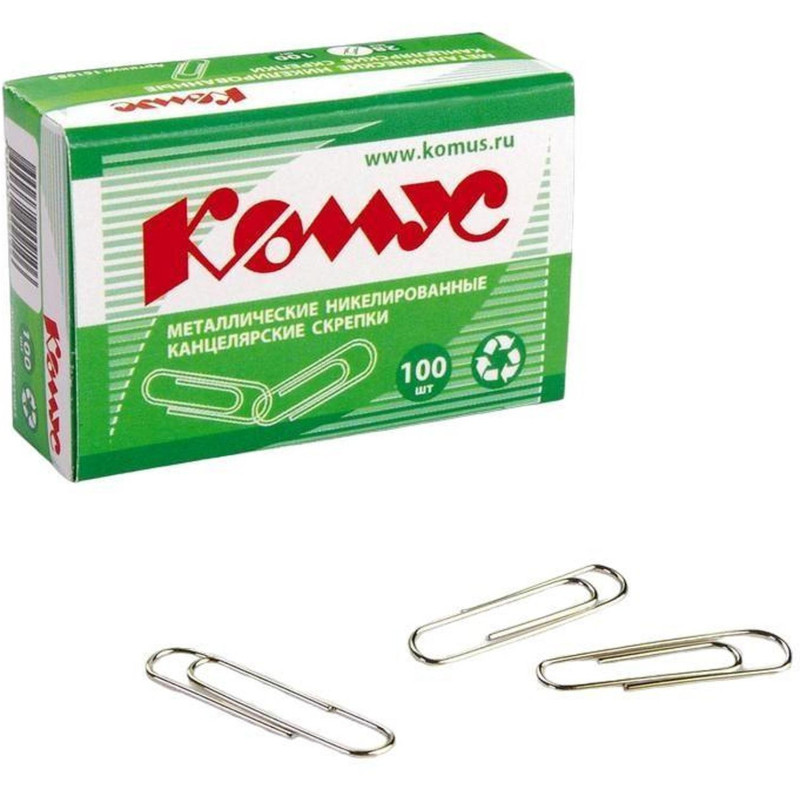 Скрепки КОМУС никелированные, 28 мм, негофрированные, 100 шт/уп