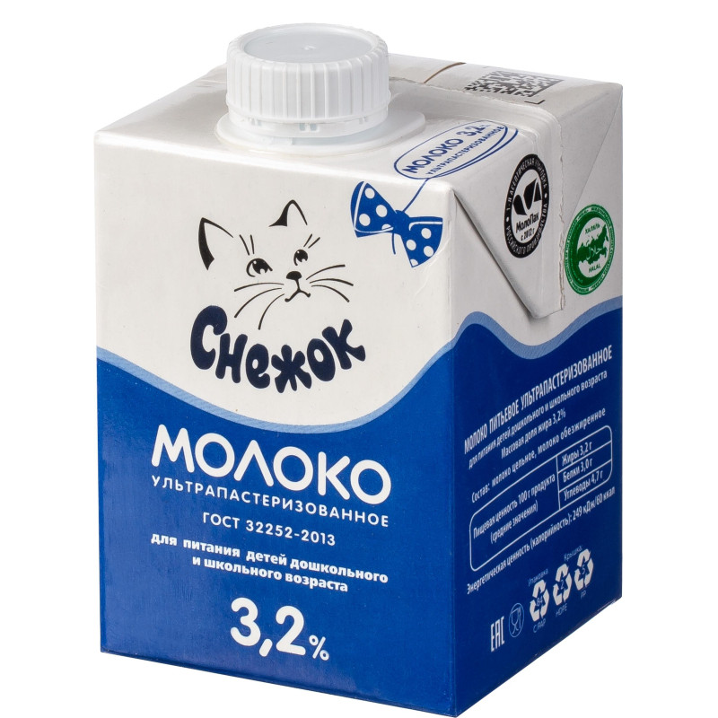 Молоко Снежок ультрапастеризованное 3,2%, 500мл