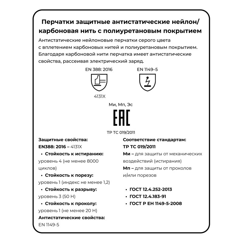 Перчатки защитные антистат SCAFFA Antistat PU1350A-LG нейлон п/у покр р10