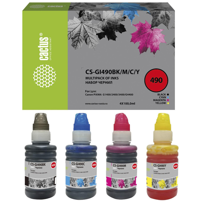 Чернила Cactus CS-GI490BK/M/C/Y GI-490 набор 4x100 мл для Canon Pixma G1400 Чернила Cactus CS-GI490BK/M/C/Y GI-490 набор 4x100 мл для Canon Pixma G1400
