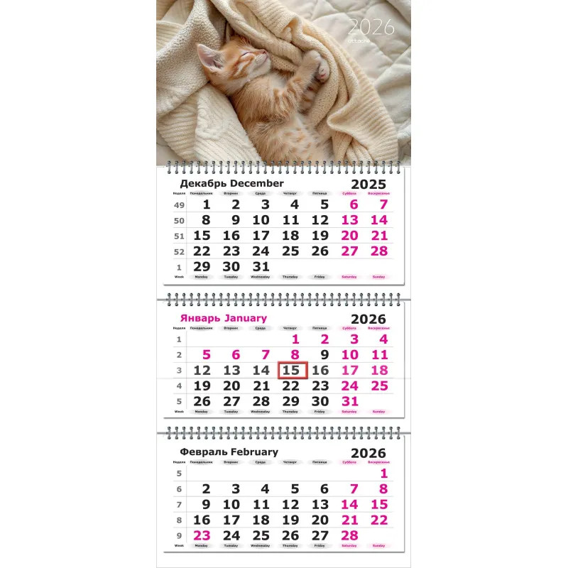 Календарь настенный 3-х блочный 2026 Attache, Котенок, 305х675, 80г