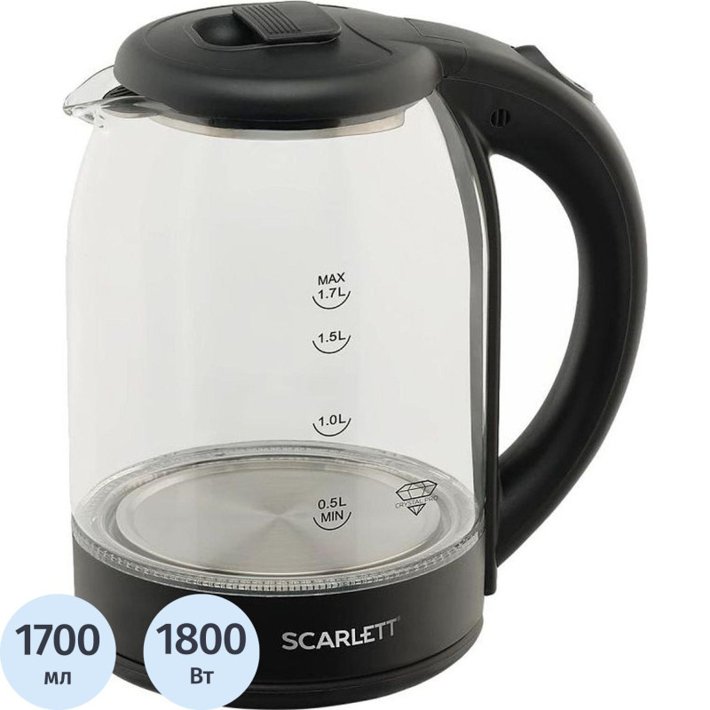 Чайник электрический SCARLETT SC-EK27G90, стекло, 1800Вт, 1.7л, черный