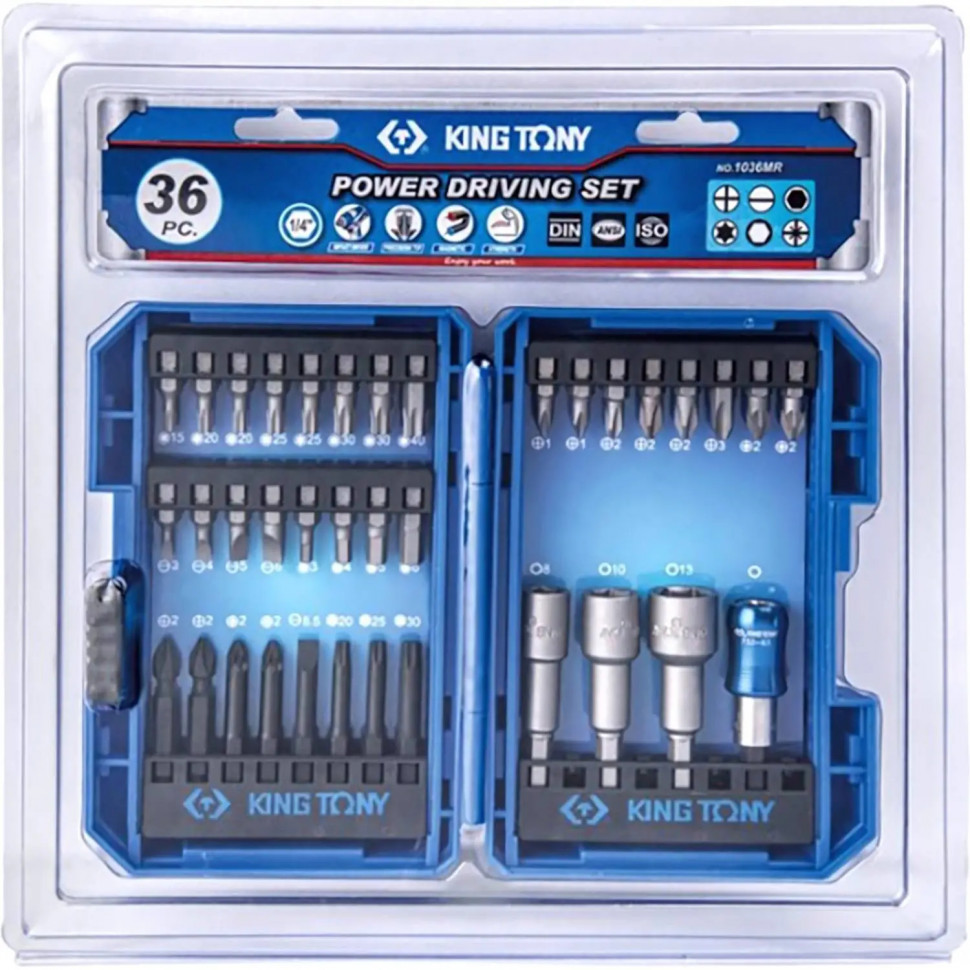 Набор бит 1/4, PH, PZ, Hex, Torx, Slotted,36 предметов KING TONY 1036MR