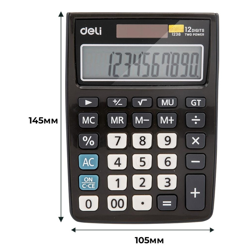 Калькулятор настольный КОМП. Deli E1238, 12-р, дв.пит., 145х105мм, серый