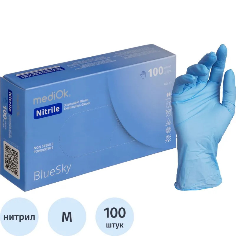 Перчатки mediOk нитрил.,голубой Blue Sky 4г., (M) 50пар/уп