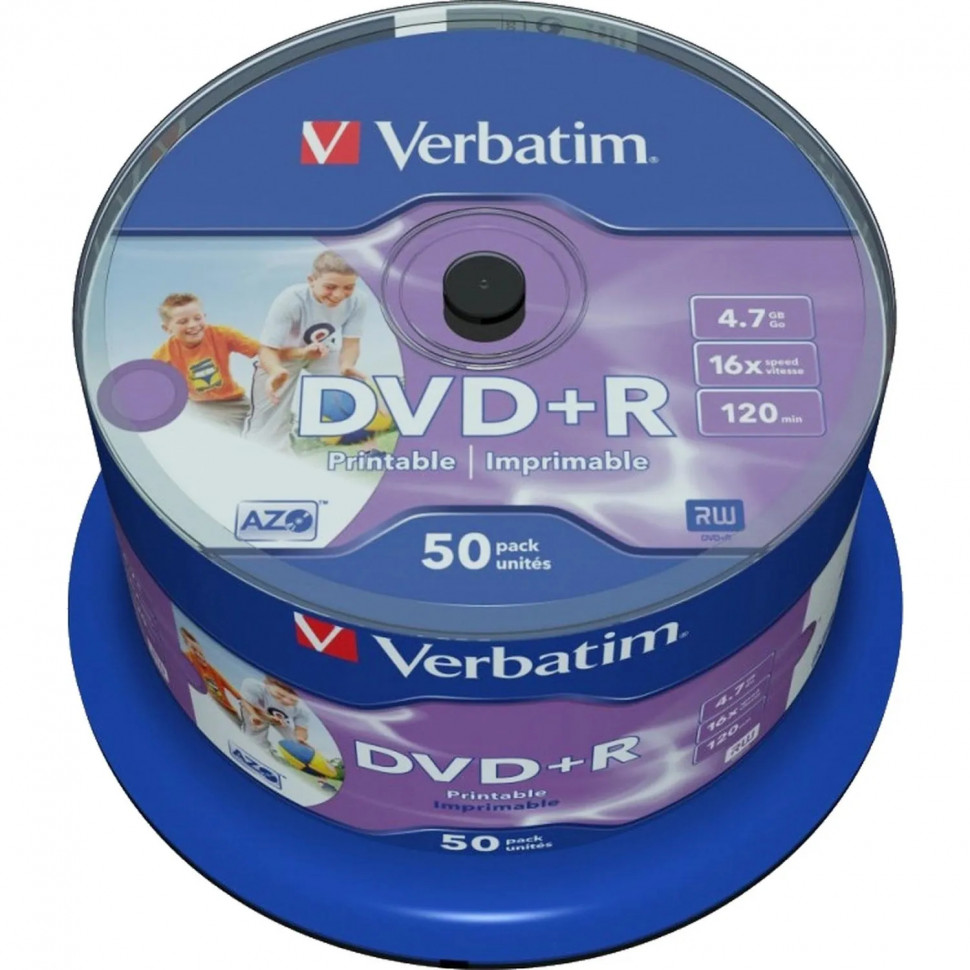 Носители информации DVD+R Verbatim 4.7Gb 16x Cake 50шт/уп Printable (43512)
