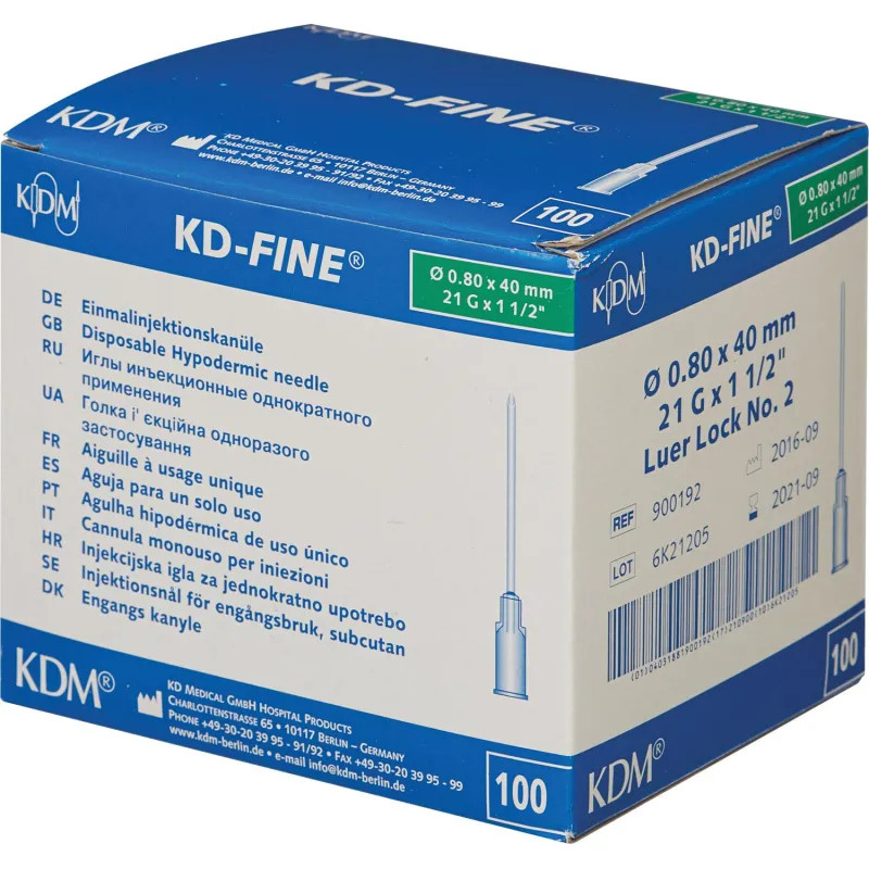 Игла инъекционная 21G (0,8х40 мм) KD-Fine Luer Lock 100 шт/уп