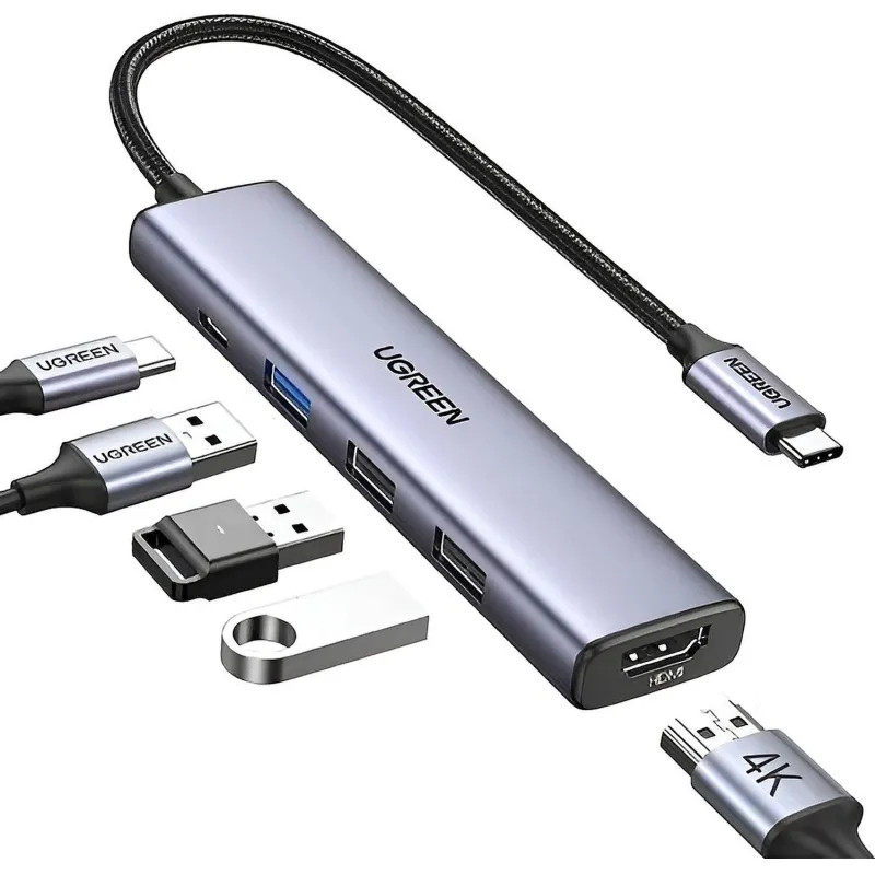 Разветвитель USB UGREEN CM478 (15495) USB-C To HDMI+USB3.0+USB2.0+PD,серебр