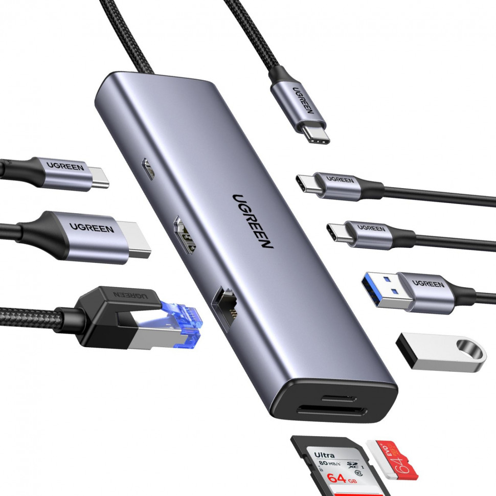 Разветвитель USB UGREEN CM498 (15375) USB3.0/USB-C/HDMI/RJ45/SD,серый