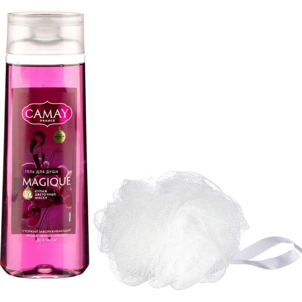 Подарочный набор Camay Magique женский гель для душа + мочалка шар для тела