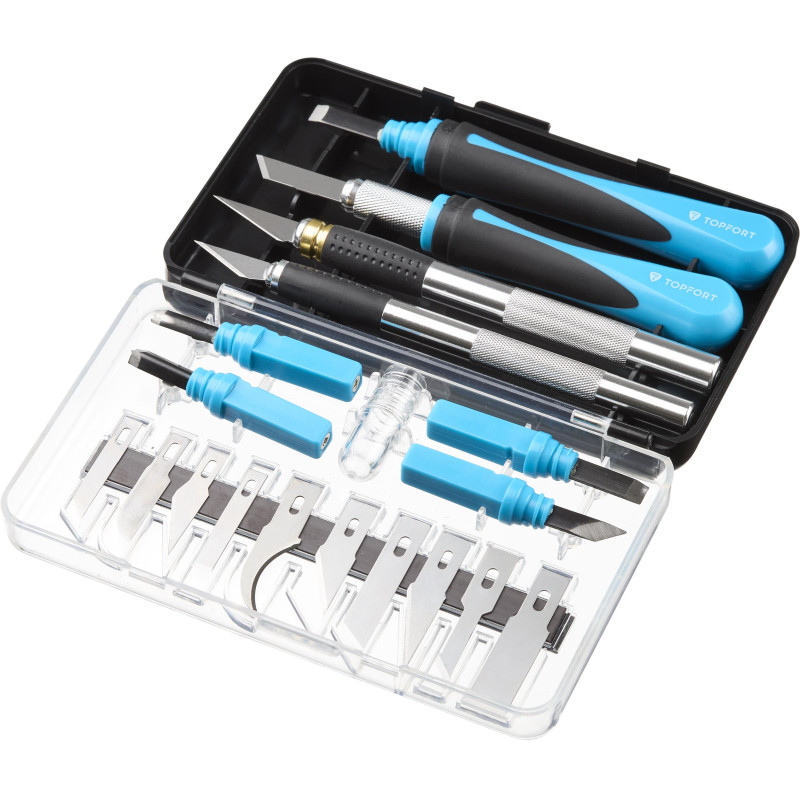 Нож макетный TOPFORT Набор 22поз:нож 4шт,смен.насад.4шт,14лез.раз.тип,бокс