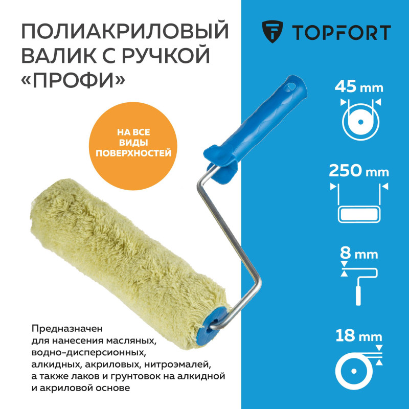 Валик с ручкой полиакриловый Профи TOPFORT 250 мм бюгель 8