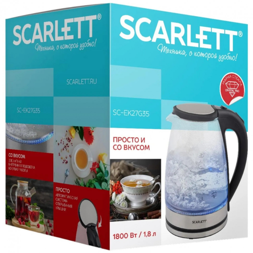 Чайник Scarlett SC-EK27G35, 1800Вт, 1.8л, стекло/сталь