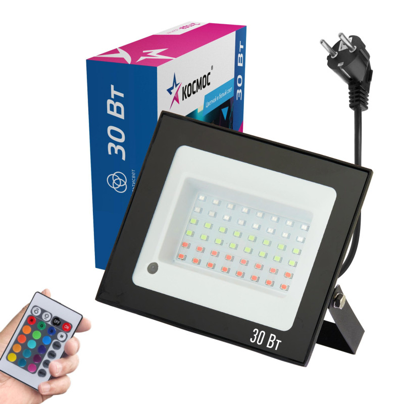 Прожектор светодиодный КОСМОС 30Вт, RGB с пультом, IP65 (K_PR5_LED_30RGB)