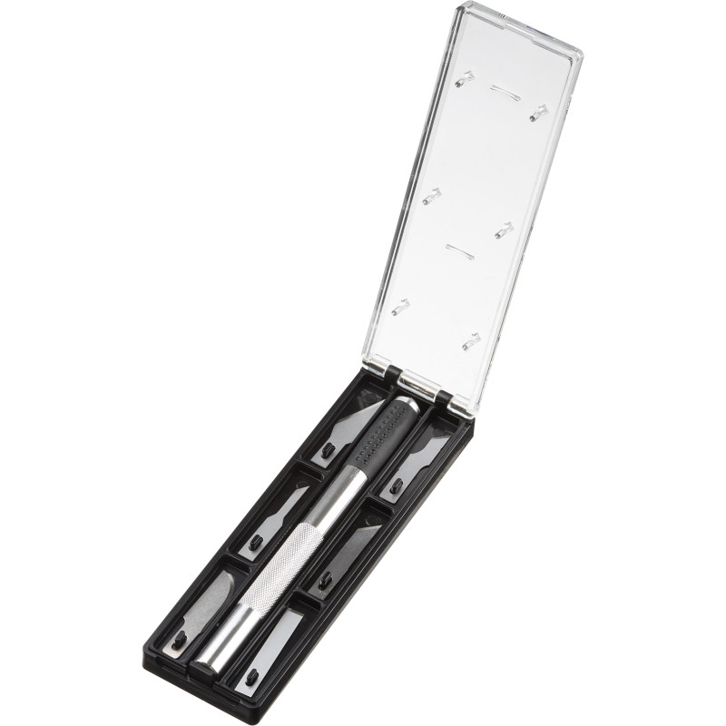 Нож макетный TOPFORT Набор 7поз.:нож мет.+TPR + 6лезв.разн.тип,пласт.бокс