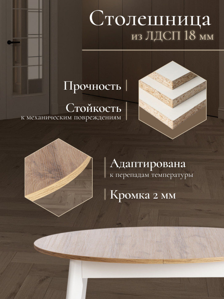 Стол обеденный SVELTO ЛДСП, опора-массив березы, 105 х 105 (140) х 74.5 см, Дуб Вотан/белый