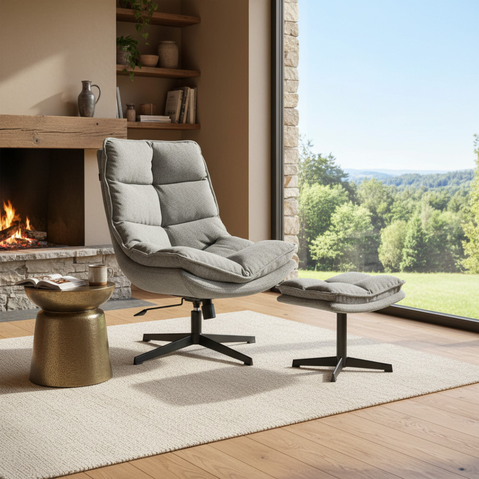 Кресло лаунж Reflex/Рефлекс с пуфом велюр/букле (HYP), светло-серый