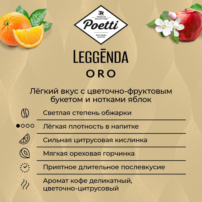 Кофе Poetti Leggenda Oro в зернах, 1кг