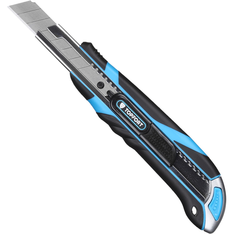 Нож универсальный TOPFORT 18мм с мет.напр.,дв.сист.выдв.+блок.лезв.,ABS+TPR